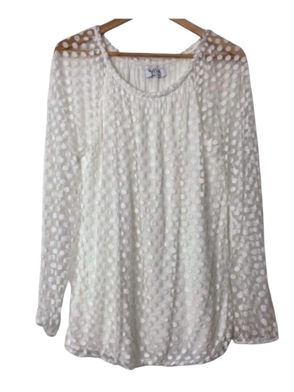 Via Vitale Italy blouse sweater sheer jersey liner white dots scoop neck size XL